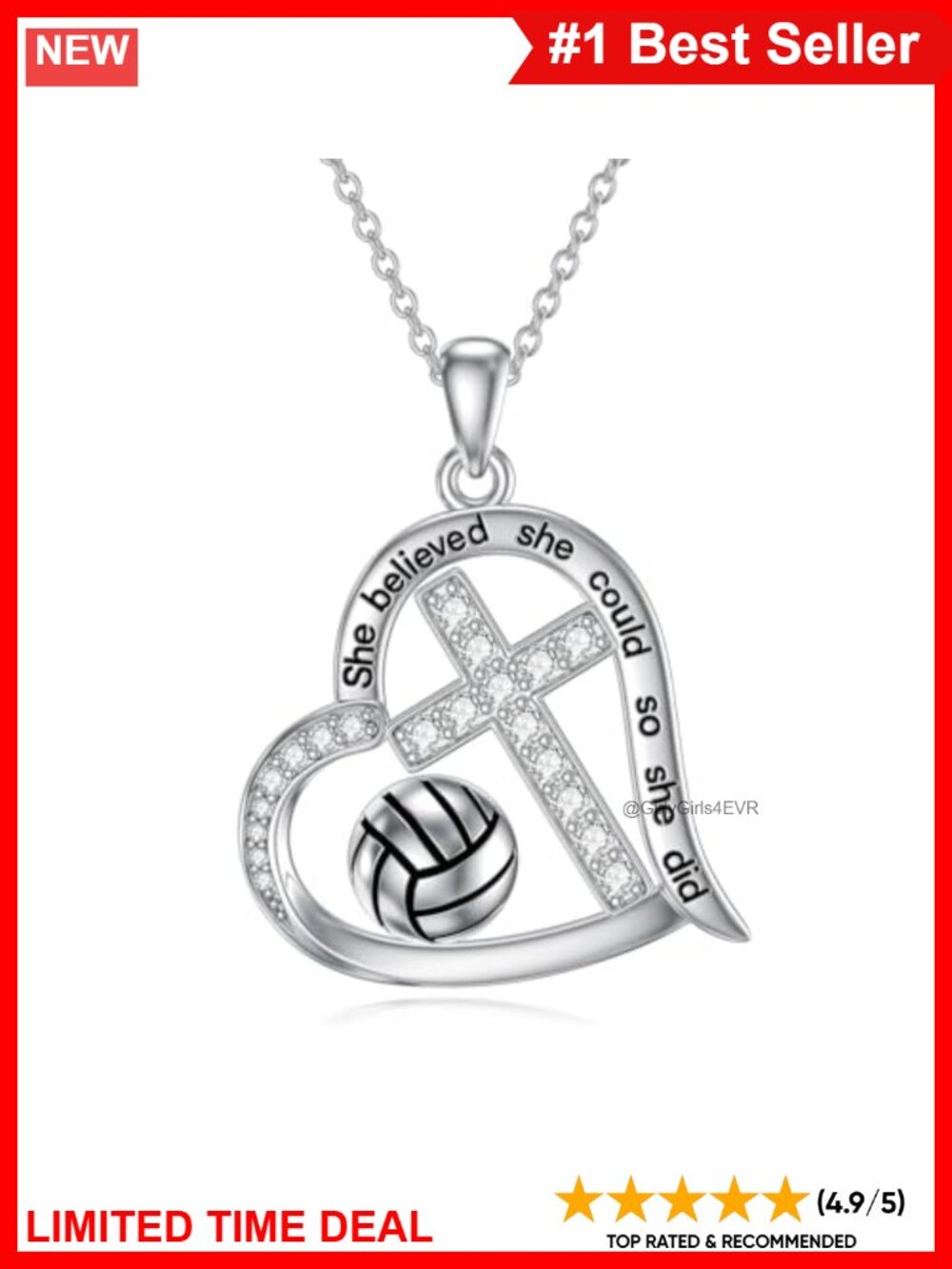 925 Sterling Silver Heart Cross Volleyball Pendant Necklace